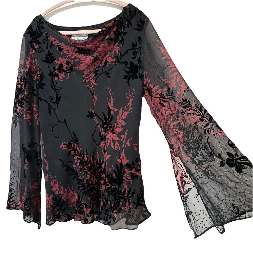 Papell Boutique Blouse XL Silk Blend Burnout Velvet Chiffon Beaded Sleeve Cowl